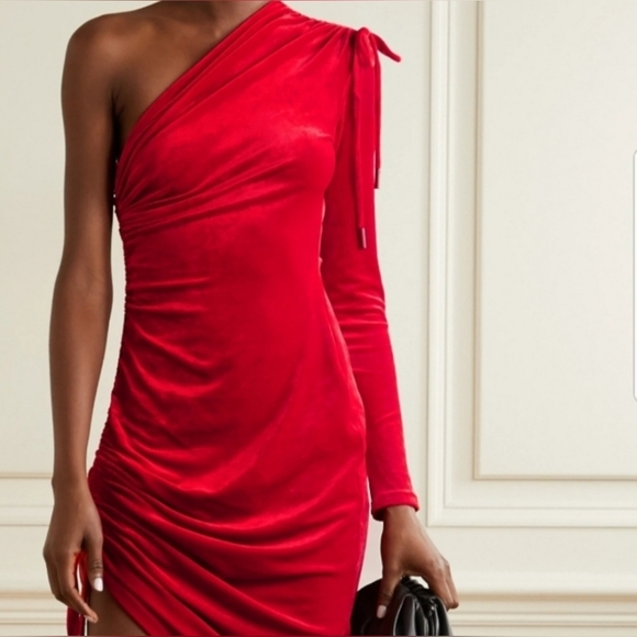 New MONSE Velvet Ruched Asymmetrical Mini Dress - Picture 3 of 10